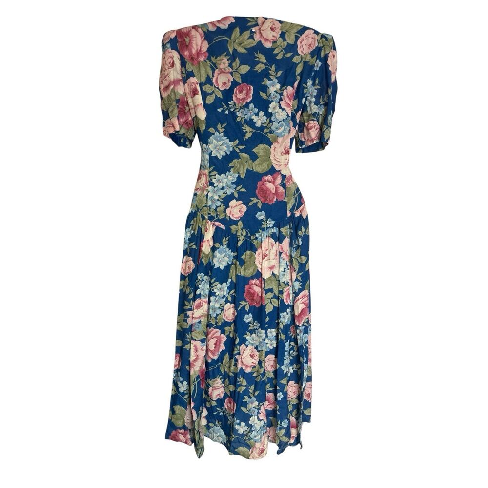 VTG 90s Karen Stevens Romantic Floral Midi Dress Lace Tie Sailor Collar Modest M - Picture 7 of 16